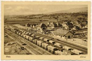 1944 Déda, Deda; látkép, vasútállomás, vonat / general view, railway station + " M. KIR. POSTA 220" vasúti mozgóbélyegző