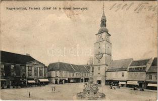 1908 Nagyszombat, Trnava; Ferenc József tér, Városi torony, Magyar Királyi dohány tőzsde, , színhát, Bauer Károly, Weisz Adolf, Trenker Alajos üzlete, Steinitz I. S. áruháza, bútorház, cukrászda, gyógyszertár. Horovitz Adolf kiadása / square, tower, shops, theatre, pharmacy