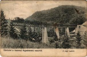 1908 Tiszolc, Tisovec; Tiszolczi fogaskerekű vasút nagy viaduktja, vasúti híd, gőzmozdony, vonat. Morvay Sámuel kiadása / cogwheel railway bridge, viaduct, locomotive, train (b)