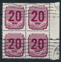 1946 Forint-filléres portó 20f ívszéli négyestömb, lemezhiba a 2-es számokban, lecsúszott fillér szó