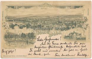 Brád, látkép, vasútállomás, gőzmozdony, vonat, sodronypálya és strandfürdő, fürdőzők. Schwidernoch Károly műintézete. Ábrahám kiadása / general view, railway station, locomotive, train, wire rope course, ropeway transport, spa, bathers. Art Nouveau, floral, litho (EK)