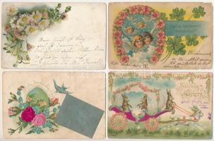 11 db RÉGI (1905 előtti) dombornyomott szecessziós üdvözlőlap vegyes minőségben / 11 pre-1905 Embossed Art Nouveau greeting art postcards in mixed quality