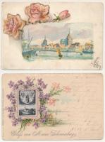 11 db RÉGI (1905 előtti) dombornyomott szecessziós üdvözlőlap vegyes minőségben / 11 pre-1905 Emboss...