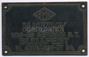 cca 1925-1935 Katzky Vas- és Gépipari R.T. Budapest VI., Andrássy-út 54. fém tábla, 5x8 cm (Ritka!)