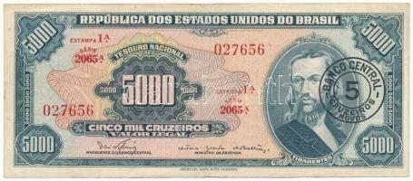 Brazília DN(1967) 5000C fekete "5 Cruzeiros Novos" felülbélyegzéssel T:F, szép papír Brazil ND(1967) 5000 Cruzeiros with black "5 Cruzeiros Novos" overprint C:F, fine paper Krause P#188b