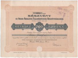 1918. Arad "Aradi Általános Takarékpénztár Részvénytársaság" névre szóló részvénye 200K-ról bélyegzéssel, "6921" T:XF