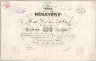 1917. Arad "Aradi Ipar- és Népbank" részvénye 400K-ról, szárazpecséttel, szelvényekkel, bélyegzésekkel T:F szép papír