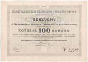 1909. Marosvásárhely "Marosvásárhelyi Közhasznú Takarékpénztár Részvénytársaság" részvénye 100K-ról, "0491", szárazpecséttel szelvényekkel T:AU