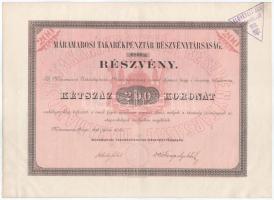 1896. Máramarossziget "Máramarosi Takarékpénztár Részvénytársaság" részvénye 200K-ról, szelvényekkel, szárazpecséttel, bélyegzéssel T:XF