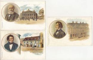 5 db RÉGI zeneszerző művészlap: Christoph Martin Wieland, C. M. v. Weber, Fr. Chopin, Franz Schubert, Charles Gounod. Lith-Artist Anstalt München, Serie 46. No. 18333, 18336, 18337, 18342, Serie 80. No. 20440, Gebrüder Obpacher / 5 pre-1945 musician art postcards