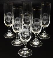 6 darabos pezsgőspohár szett, kis kopással, m:16 cm