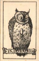 13. ezermester cserkészcsapat, fülesbagoly / Hungarian boy scout art postcard with long-eared owl s: Tábor (fl)