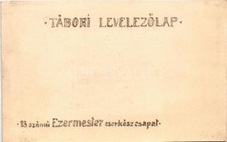 Zászlórúdon. 13. számú Ezermester cserkészcsapat Tábori levelezőlap / Hungarian boy scout art postca...