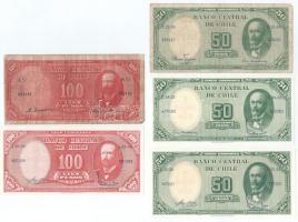 Chile DN(1947-1951) 100P (10C) + DN(1963) 100P piros "10 Centesimos" felülbélyegzéssel a hátoldalán + DN(1960-1964) 50P piros "5 Centesimos" felülbélyegzéssel (3xklf) T:AU, közte 2db VG Chile ND(1947-1951) 100 Pesos (10 Condor) + ND(1963) 100 Pesos with red "10 Centesimos" overprint on the reverse + ND(1960-1964) 50 Pesos with red "5 Centesimos" overprint on the reverse C:AU, including 2pcs VG Krause P#113, P#126a, P#126b, P#127a