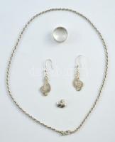 Ezüst (Ag) gyűrű, fülbevaló pár, lánc, medál, jelzés nélkül, nettó 16,6g