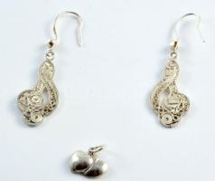 Ezüst (Ag) gyűrű, fülbevaló pár, lánc, medál, jelzés nélkül, nettó 16,6g