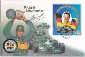 Uganda 1997. 1000Sch multicolor Cu-Ni "Michael Schumacher" érmés borítékban, bélyegzéses bélyeggel, német nyelvű leírással T:UNC Uganda 1997. 1000Sch multicolor Cu-Ni "Michael Schumacher" in coin envelope with stamp and cancellations, with German description C:UNC
