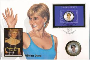 Uganda 1997. 1000Sch multicolor Cu-Ni "Diana hercegné" érmés borítékban telefonkártyával, bélyegzéses bélyeggel, német nyelvű leírással T:UNC Uganda 1997. 1000Sch multicolor Cu-Ni "Princess Diana" in coin envelope with phone card, with stamp and cancellations, with German description C:UNC