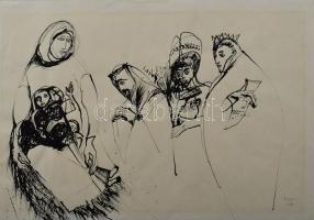 Bazsonyi Arany (1928-2011): Háromkirályok, 1984. Tus, toll, papír, jelzett. Lapszéli apró szakadással. 30x42 cm