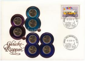 Svájc 1984. 1r bronz (8x) "Szerencselevél - 88.8.8. Heiligkreuz" felbélyegzett borítékon, alkalmi bélyegzővel, német nyelvű leírással T:UNC,AU patina Switzerland 1984. 1 Rappen bronze "Glücksrappen - 88.8.8. Heiligkreuz" in envelope with stamp, with german description C:UNC,AU