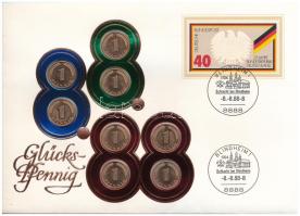 NSZK 1987. 1pf Br (8x) "Szerencselevél - 88.8.8. Blindheim" felbélyegzett borítékon, alkalmi bélyegzővel, német nyelvű leírással T:UNC,AU patina FRG 1987. 1 Pfennig Br "Glückspfennig - 88.8.8. Heiligkreuz" in envelope with stamp, with description in German C:UNC,AU painta