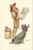 Fagyizó cserkész Magyar Cserkész újsággal és kutyával. Magyar Cserkészszövetség, Klösz Gy. és Fia / Hungarian boy scout art postcard s: Márton L.
