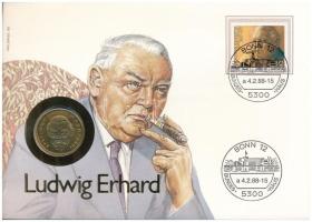 NSZK 1994G 2M Cu-Ni "Ludwig Erhard" érmés borítékon bélyegzős bélyeggel, német nyelvű leírással T:AU GFR 1994G 2 Mark Cu-Ni "Ludwig Erhard" in coin letter with stamp with description in German C:AU