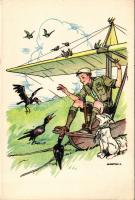 Cserkész vitorlázógéppel. Magyar Cserkészszövetség, Klösz Gy. és Fia / Hungarian boy scout art postcard with glider s: Márton L. (EK)
