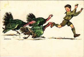 Cserkész pulykákkal. Magyar Cserkészszövetség, Klösz Gy. és Fia / Hungarian boy scout art postcard with turkeys s: Márton L. (fl)