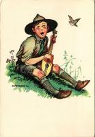 Magyar cserkész művészlap. Magyar Cserkészszövetség, Klösz Gy. és Fia / Hungarian boy scout art postcard s: Márton L. (EK)