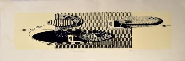 Joseph Kádár (1936-2019): "L'Horizontalisme". Szitanyomat, papír, jelzett. 8/100 számozással. Ázásnyommal, hajtásnyommal. 21x85 cm