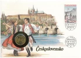 Csehszlovákia 1985. 1K Al-bronz felbélyegzett borítékban, bélyegzéssel, német nyelvű leírással T:AU patina Czechoslovakia 1985. 1 Koruna Al-bronze in envelope with stamp, cancellation and german description C:AU patina
