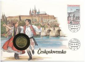 Csehszlovákia 1985. 1K Al-bronz felbélyegzett borítékban, bélyegzéssel, német nyelvű leírással T:AU patina Czechoslovakia 1985. 1 Koruna Al-bronze in envelope with stamp, cancellation and german description C:AU patina