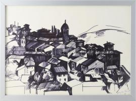 Hajdú László (1938-): Panoráma, 1963. Filctoll, papír, jelzett és datált (Hajdú László 63), vékony kartonra kasírozva, üvegezett fakeretben, 29,5x42 cm