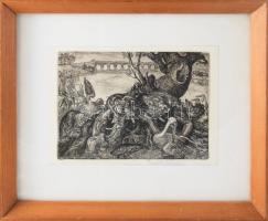 Szabó Vladimír (1905-1991): A hajdani Hortobágyon. Rézkarc, papír, jelzett, üvegezett fakeretben, 13,5×18,5 cm