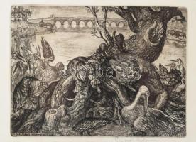 Szabó Vladimír (1905-1991): A hajdani Hortobágyon. Rézkarc, papír, jelzett, üvegezett fakeretben, 13...