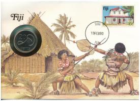 Fidzsi-szigetek 1987. 20c Cu-Ni "II. Erzsébet", felbélyegzett borítékban, bélyegzéssel, német nyelvű leírással T:UNC Fiji 1987. 20 Cents Cu-Ni "Elizabeth II" in envelope with stamp and cancellation, with German description C:UNC