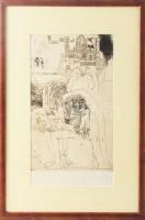 Würtz Ádám (1927-1994): Egy lap a Bocaccioból. Rézkarc, papír, jelzett, üvegezett fakeretben, 29×19 cm