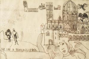 Würtz Ádám (1927-1994): Egy lap a Bocaccioból. Rézkarc, papír, jelzett, üvegezett fakeretben, 29×19 ...