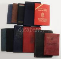 12 db vegyes igazolvány, okmány, közte Dolgozó Ifjúság Szövetsége (DISZ) tagsági könyv, Egységes Parasztifjuság Országos Szövetsége tagsági könyv, katonai igazolvány, szakszervezeti tagsági könyvek, stb.