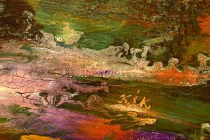 Kaibás Éva Katalin (-): Színes kép. Olaj, zománcfesték. Farost. Kissé sérült. 70x118 cm. KIZÁRÓLAG S...