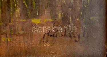 Mesterházy Dénes (1900-1949 körül): Táj gólyákkal. Olaj, karton, jelzett. Dekoratív, üvegezett faker...