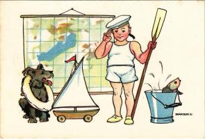 Magyar cserkész művészlap Balaton térképpel, játék vitorlással, kutyával és hallal. Magyar Cserkészszövetség, Klösz Gy. és Fia / Hungarian boy scout art postcard with Balaton map, toy sailboat, dog and fish s: Márton L. (fl)