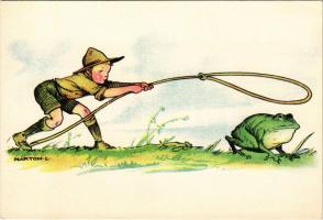 Cserkész békával. Magyar Cserkészszövetség, Klösz Gy. és Fia / Hungarian boy scout art postcard with frog s: Márton L.