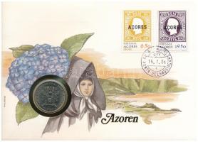 Portugália / Azori-szigetek 1980. 25Esc Cu-Ni "Az Azori-szigetek autonóm régiója" forgalmi emlékkiadás felbélyegzett borítékban, bélyegzéssel, német nyelvű leírással T:AU Portugal / Azores 1980. 25 Escudos Cu-Ni "Regional Autonomy of the Azores" circulating commemorative coin in envelope with stamp, cancellation and german language description C:AU Krause KM#43