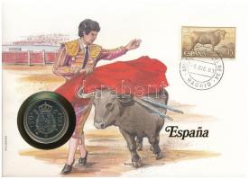 Spanyolország 1983. 50P felbélyegzett borítékban, bélyegzéssel, , német nyelvű leírással T:UNC Spain 1983. 50 Pesetas in envelope with stamp and cancellation, with German description C:UNC