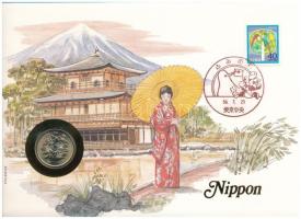 Japán 1981. 100Y Cu-Ni felbélyegzett borítékban, bélyegzéssel, német nyelvű leírással T:UNC Japan 1981. 100 Yen Cu-Ni in envelope with stamp and cancellation and german language description C:UNC