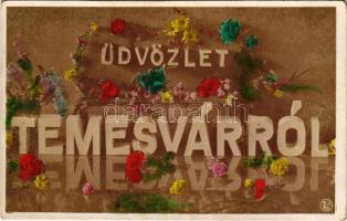1906 Temesvár, Timisoara; Üdvözlet, romantikus képeslap virágokkal. Oranotypie / greetings with flowers (EK)