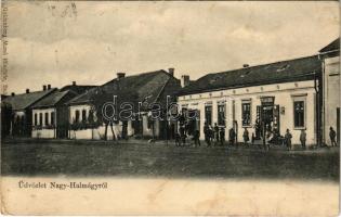 1907 Nagyhalmágy, Nagy-Halmágy, Halmagiu; Fő tér, Menczer Ferenc üzlete. Goldenberg Manó felvétele / main square, shop (r)