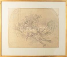 Frank Feller (1848?1908), svájci művész/Swiss artist: Szarvasbika vadászat kasmírban/The Royal Horns (stag hunting in Cashmere). Ceruza, papír. Jelezve jobbra lent. Dekoratív, üvegezett fakeretben, hátoldalán G. Vuichoud montreuxi képkeretező bélyegzőjével 1967-ből. 35x44 cm.